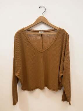 Others Follow Brown Waffle Knit V-Neck Cropped Long‎ Sleeve Top Size M